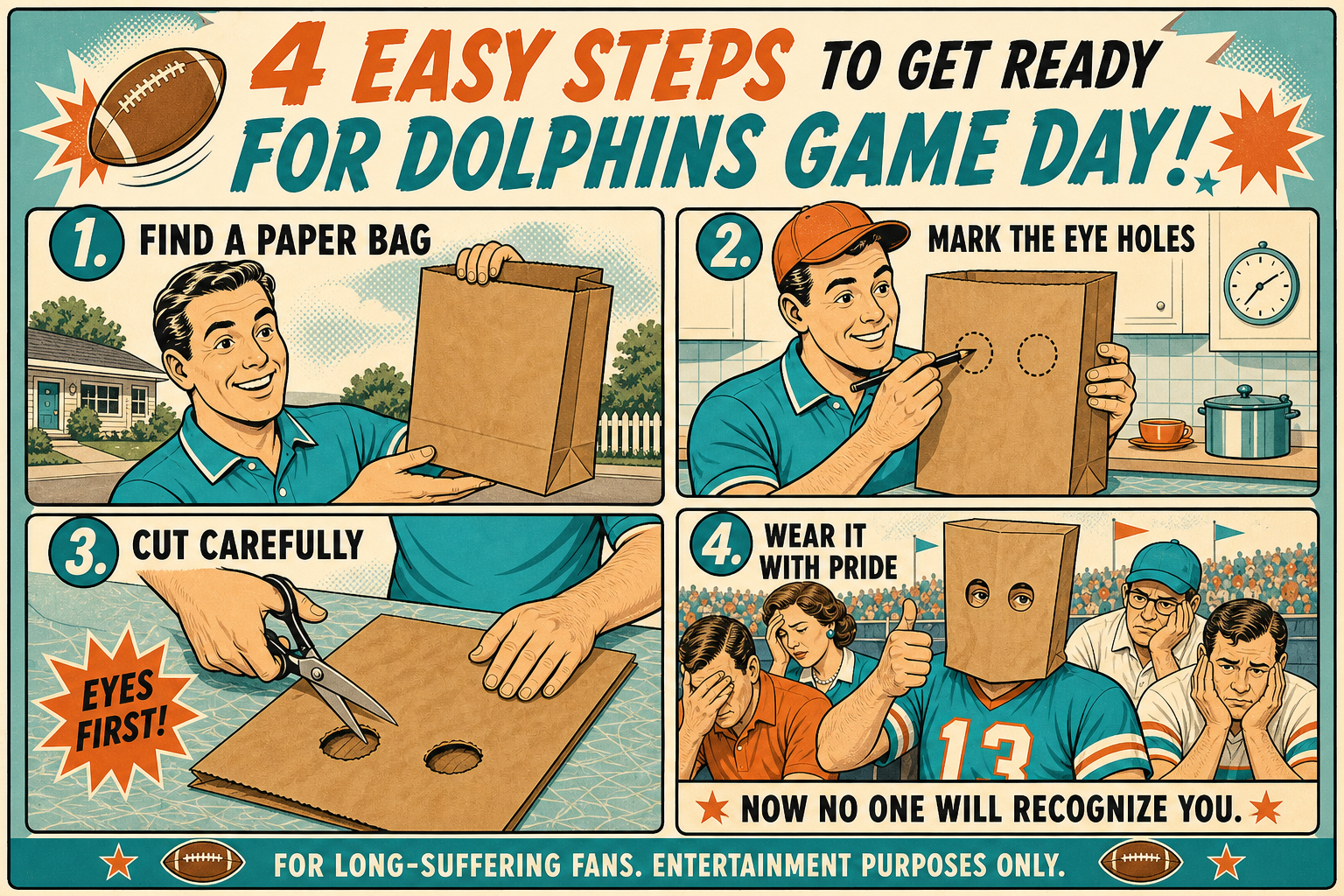 A retro four-step Dolphins game-day infographic showing a fan finding a paper bag, marking and cutting eye holes, and wearing it over his head.